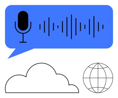 Ses kabarcığı, bulut ve kürede ses dalgaları olan mikrofon ses iletişimini, veri paylaşımını ve dünya çapında bağlantıyı sembolize ediyor. Teknoloji, podcast, yapay zeka, bulut depolama için ideal