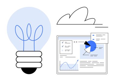 Çizelgeler, grafikler ve istatistikleri gösteren analitik gösterge panelinin yanında bir ampul. Yenilik, teknoloji, analitik, strateji, veri bilimi, beyin fırtınası iş büyümesi için idealdir.