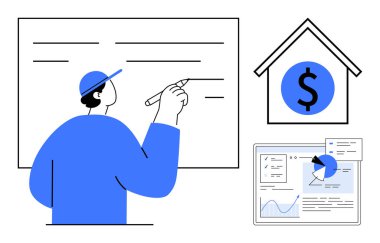 Tahtaya yazı yazan kişi, dolar işaretli ev simgesi, finansal tablolar. İş için ideal, planlama, emlak, finans, veri analizi, eğitim için basit iniş sayfası