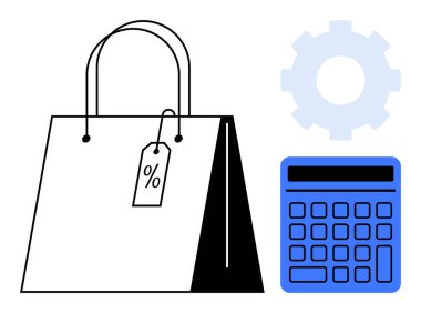Yüzdelik etiketli, teçhizatlı ve perakende yönetimi, fiyatlandırma veya e-ticaret yapan kağıt torba. İş, finans, hesaplamalar, tasarruf bütçesi teknolojisi için ideal. Düz