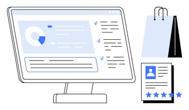 Bilgisayar monitörü veri analizi, alışveriş çantası ve kullanıcı profilini beş yıldızlı inceleme ile gösteriyor. E-ticaret, dijital pazarlama, kullanıcı arayüzü, müşteri geri bildirimi, çevrimiçi alışveriş, veri