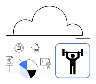 Bulut çizelgesi, mal varlığı, kripto para birimi, mülk ve sertifikaları onaylıyor. Halter ikonu başarıyı sembolize eder. Teknoloji, finans, kişisel büyüme, depolama için ideal