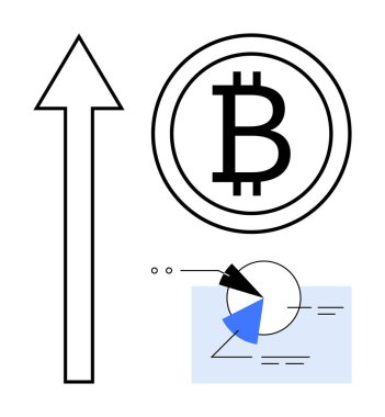 Bitcoin amblemi, siyah ana hatlı okun yanında büyümeyi simgeliyor, minimalist pasta grafiğiyle eşleştirilmiş. Finans, kripto para birimi, yatırım, blok zinciri, ekonomi, analitik ve başarı temaları için ideal