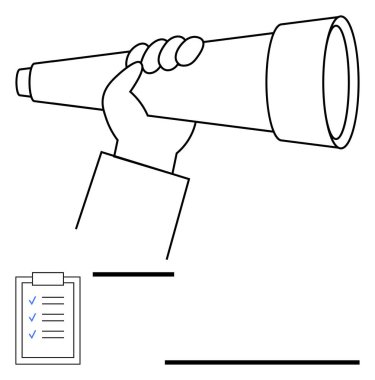 Geleceğin görüşü için el teleskopu tamamlanmış görevlerle birlikte kontrol listesinin yanında. Planlama, strateji, başarı, vizyon, organizasyon, iş hedefleri, kişisel gelişim için ideal. Düz basit