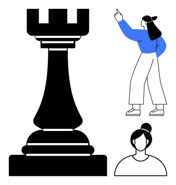 İki kadın figürlü büyük bir kale taşı. Biri işaretli, diğeri gözlemli. Strateji, liderlik, analiz, takım çalışması, planlama, karar verme odaklaması için ideal. Düz basit metafor