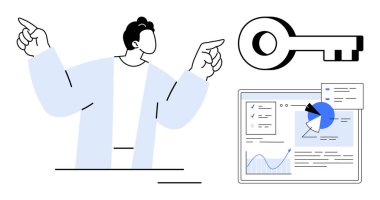 İşadamı jesti, büyük anahtar sembolü ve analitik gösterge paneli. İş stratejisi, veri erişimi, analitik, liderlik, yenilik, basit iniş sayfası için ideal