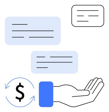 Eller dikdörtgen mesajlar ve yuvarlak dolar simgesi ile yukarı doğru uzanıyor. İletişim, ödeme, destek, işlem, finans, müşteri etkileşimi ve yardım temaları için ideal. Düz basit