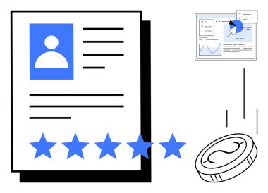 Profil görüntüsü, 5 yıldızlı reytingler, analitik çizelgeler ve madeni paranın alçalmasıyla ilgili belgeler. Kişisel markalaşma, değerlendirme, analitik, finans, başarı için ideal, basit İniş sayfası