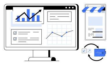 Grafikleri, kontrol listeleri ve analizi olan bilgisayar ekranı. Akıllı telefon e-ticaret uygulaması arayüzü gösteriyor. Kredi kartları ve oklar online ödeme akışını gösteriyor. Veri analizi ve pazarlama için ideal