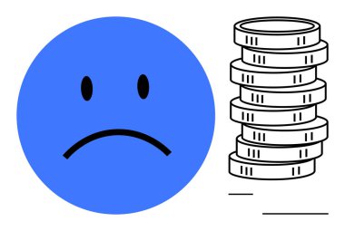 Madeni zorluklar, gelir kaybı, yoksulluk, tasarruf sıkıntısı gibi para yığınlarının yanında mavi üzgün surat. Finans, ekonomi, zorluk, bütçe ve ruhsal sağlık borçları için ideal