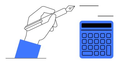 Hesap makinesinin yanında bir kalem tutarak, bütçe, muhasebe, finansal planlama, analiz, eğitim, ofis işleri ve verimliliği temsil ediyor. Düz basit metafor için ideal