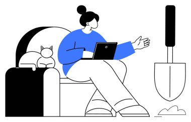 Sandalyede oturan bir kadın, dizüstü bilgisayarla meşgul, yanında gevşemiş bir kedi, ve görünürde bir bahçe küreği. Uzaktan çalışma, evcil hayvan arkadaşlığı, rahatlama, çoklu görev, teknoloji hobileri için ideal