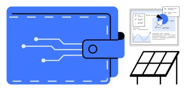 Devre çizgileri olan mavi cüzdan, analitik ve grafikleri gösteren veri paneli, güneş paneli simgesi. Finans, teknoloji, yenilenebilir enerji, çevre dostu çözümler, veri analizi, fintech