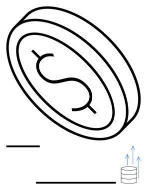 Tek dolarlık para yukarı doğru ok ve veri yığını sembolü ile eğiliyor. Finans, dijital ekonomi, tasarruflar, yatırımlar, ekonomik büyüme, yükselme eğilimleri, düz basit metafor için ideal