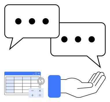 İki sohbet balonu, para birimi sembollü bir hesap tablosu, hesap makinesi simgeleri ve açık bir el. Müşteri desteği, finans, bütçe, ağ oluşturma, işbirliği takım çalışması için ideal