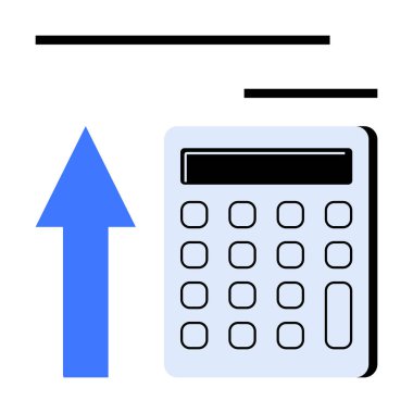 Mavi ok hesap makinesini işaret ediyor. Finansal büyüme, iş analizleri, vergi hesapları, kar artışı, yatırım planlaması, bütçe ve muhasebe için ideal. Düz basit metafor