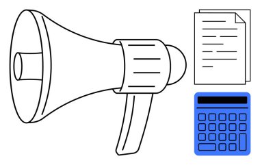 Duyurular için megafon, organizasyon için belge, hesaplamalar için hesap makinesi. İletişim, planlama, finans, pazarlama, eğitim bürosu iş stratejisi için idealdir. Düz basit