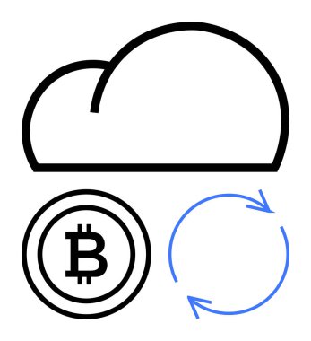 Bitcoin madeni parasının üzerindeki bulut çizgisi ve veri senkronizasyonunu gösteren dairesel oklar. Kripto para birimi, bulut depolama, blok zinciri, fintech, dijital ekonomi, veri güvenliği, finans kavramları için ideal
