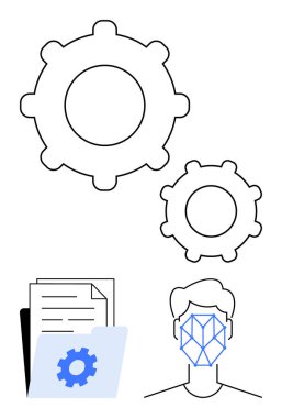 Çarklar mekanizmaları, yüz tanıma teknolojiyi gösteriyor, belgeler içeren klasör verileri vurguluyor. Yapay zeka, otomasyon, makine öğrenimi, mühendislik, güvenlik, yenilik verileri için ideal