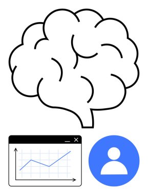 Zekayı temsil eden beyin, analitiği sembolize eden veri trend çizelgesi, insan odaklı kullanıcı avatarı. Fikirler, analitik, teknoloji, araştırma, kullanıcı katılımı, iş stratejisi yeniliği için ideal