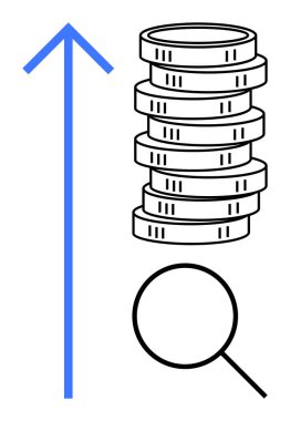 Yığılan paralar, bir büyüteç ve yukarı doğru giden bir oku, analizi, odaklanmayı ve yükselen eğilimleri temsil eden bir okun yanı sıra finansal büyümeyi de sembolize eder. Ekonomi, yatırım, tasarruf, kâr, başarı için ideal