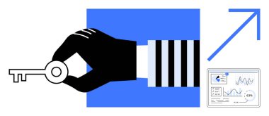 El kavrama anahtarı, yukarı doğru ok, veri tablosu fırsatları, stratejiyi, yeniliği ve başarıyı temsil ediyor. İş için ideal, analitik planlama vizyon stratejisi büyüme kaydediyor. Düz basit