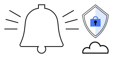 Hatlarla çalan çan, mavi kilitli güvenlik kalkanı ve bulut. Siber güvenlik, bildirimler, alarmlar, koruma, veri depolama güvenli iletişim ve çevrimiçi güvenlik için idealdir. Soyut çizgi