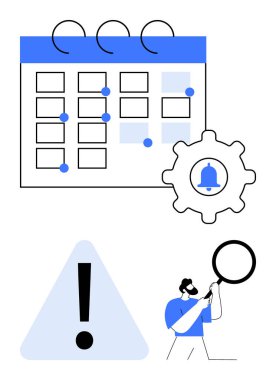 Takvim ızgarası, alarm simgesi, uyarı üçgeni ve büyüteçle analiz eden kişi. Planlama, teslim tarihleri, görev yönetimi, anımsatıcılar, sorun çözme bildirimleri için ideal