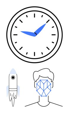 Zaman için mavi elli saat, yenilik için roket, teknoloji için geometrik desenli insan yüzü. Üretkenlik, fütüristik düşünce, yapay zeka, zaman verimliliği, yenilik için ideal.