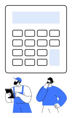 Birinde tablet, diğerinde düşünce olan iki işçi büyük bir hesap makinesinin altında duruyor. Takım çalışması, planlama, bütçe, finans, inşaat problem çözme işbirliği için ideal basit bir metafor