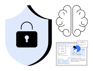 Kilit sembollü kalkan güvenliği vurguluyor, beyin yeniliği temsil ediyor, gösterge paneli analitik gösteriyor. Siber güvenlik, teknoloji, koruma, yenilik, analiz, veri yönetimi için ideal