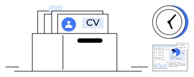Bir klasörde CV 'ler, zaman takibi için saat ve veri içgörüsü için analitik gösterge paneli. İşe alım, insan kaynakları, kariyer planlaması, organizasyon, teslim tarihleri, verimlilik için ideal basit iniş sayfası