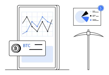 Akıllı telefon grafiği şifreli para birimi eğilimlerini izler, BTC işlem kartı görüntülenir. Turta grafiği istatistikleri temsil ediyor, kazma ise madencilik çalışmalarını öneriyor. Analiz, yatırım ve fintech için ideal
