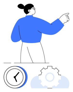 Mavi bluzlu kadın öne bakıyor, zaman odaklı saat sembolü, verimlilik için dişli. Organizasyon, zaman yönetimi, planlama, iş stratejisi, hedef belirleme, sorun çözme için ideal