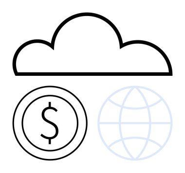 Kara bulut, dolar parası, dijital finans, küresel bağlantı ve ekonomik teknoloji akışını sembolize eden şebeke küresi. Bulut bilgisayarı, fintech, küreselleşme, e-ticaret yeniliği için ideal