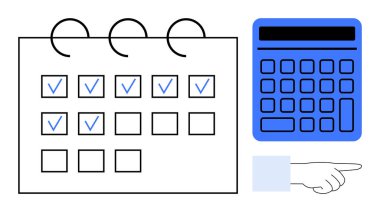 Kontrol işaretli, mavi hesap makineli ve el işaretli spiral takvim planlama, organizasyon ve verimliliği vurguluyor. Zamanlama, mali yönetim, bütçe ve takım çalışması için ideal