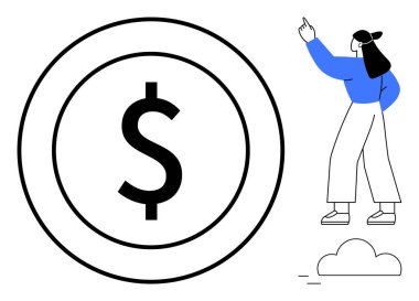 Büyük dolar işareti bir daire içinde çevrili ve yukarı bakan bir kadın var. Finans, yatırım, tasarruf, başarı, fırsat, zenginlik yönetimi ve ekonomik büyüme için ideal. Düz basit