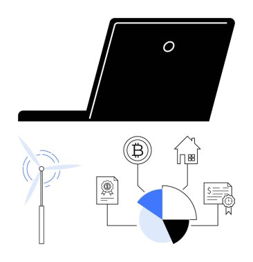 Laptop rüzgar türbini, engelleme zinciri, mülk, sertifika ve pasta grafiği arasındaki ilişkileri denetliyor. Teknoloji, finans, engelleme zinciri, sürdürülebilirlik veri yönetimi için ideal