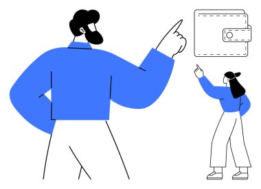 Bir cüzdanı işaret eden iki kişi, bütçe, tasarruf, finans, hedefler ve farkındalığa odaklandığını vurguladı. Finans, bütçe, planlama tasarruf kavramları için ideal eğitim takım çalışması sade