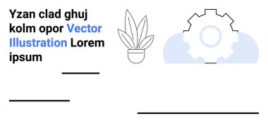 Taslak yapraklı saksı bitkisi, yumuşak renklerde vites ve yer tutucu metni. Teknoloji, iş dünyası, büyüme, yaratıcılık, eğitim, tasarım ve düz iniş sayfası afişi için ideal