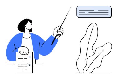 Bir belge tutarken mesaj kutusunu işaret eden kişi, iletişimi, eğitimi, toplantıları vurguluyor. Sunumlar, dersler, talimatlar, eğitim, takım çalışması için idealdir.