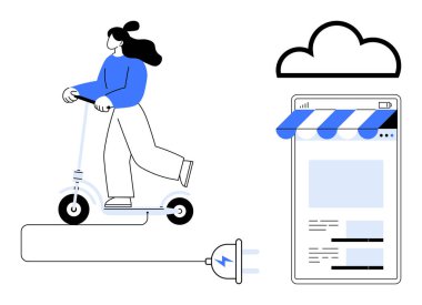 Elektrikli scooter kullanan kadın, şarj kablosu, mağaza önü web sayfası arayüzü ve bulut grafiğinin yanında. Sürdürülebilirlik, e-ticaret, hareketlilik, yenilenebilir enerji, bulut çözümleri, kentsel yaşam için ideal