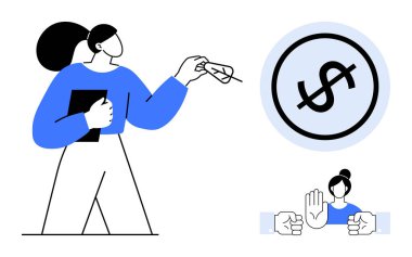 Bir kadın pano tutuyor ve rüşvet parasını eliyle reddediyor, dolar daire içine alınıyor, göstergeyi durdur. Ahlak, yolsuzlukla mücadele, dürüstlük, adalet, iş hukuku kavramı için ideal