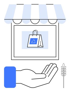 Vitrindeki tentenin altında geri dönüşüm sembolü olan bir alışveriş torbası, ekolojik bilinç desteğini sembolize eden bir el ve bir buğday sapı. Sürdürülebilirlik, perakende, eko-ticaret, yeşil için ideal