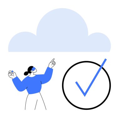 Büyük bir işaretin üstündeki büyük mavi bulutu işaret eden bir kadın. Başarı, bulut hesaplama, onay, başarı, dijital doğrulama, çevrimiçi platformlar ve modern veri süreçleri için idealdir. Düz basit