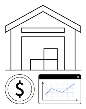 İstiflenmiş kutuları olan depo, yükselen eğilimli finansal tablolar, ekonomik başarıyı vurgulayan dolar işareti. Lojistik, e-ticaret, tedarik zinciri, ekonomi, depolama, finans sektörü için ideal
