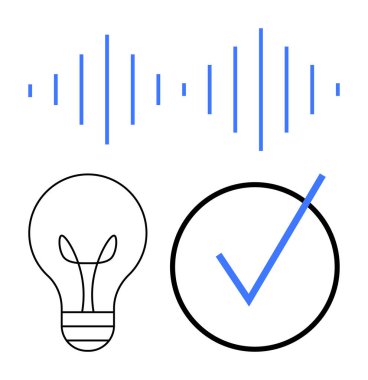 Dikey ses dalgası, minimum ampul çizgisi ve dairenin içindeki işaretleri kontrol et. Yenilik için ideal, teknoloji, karar verme, problem çözme, iletişim yaratıcılığı başarısı. Düz