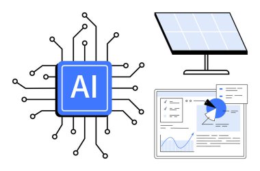 Yapay zeka işlemcisi devrelerle, güneş paneliyle ve veri odaklı gösterge paneliyle bağlantılı. Teknoloji için ideal, yapay zeka yeniliği, yenilenebilir enerji, veri analizi, sürdürülebilirlik, temiz enerji sade iniş