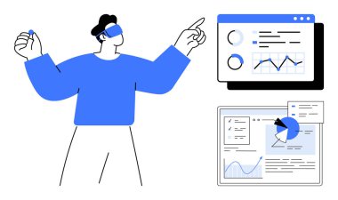 Sanal gerçeklik kulaklığı olan tutkulu kullanıcı analitik gösterge paneli ve görsel raporlarla etkileşimde. VR, teknoloji, yenilik, iş analizleri, veri görselleştirmesi, gelecekteki eğilimler için ideal