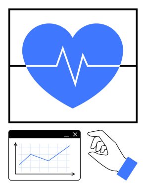 Kalp atışı çizgisi olan mavi kalp, sağlık durumunu sembolize ediyor. Yükselen grafiği olan bir grafiğe el işareti veri analizini gösterir. Sağlık, sağlık, teknoloji, analitik ve tıp için ideal